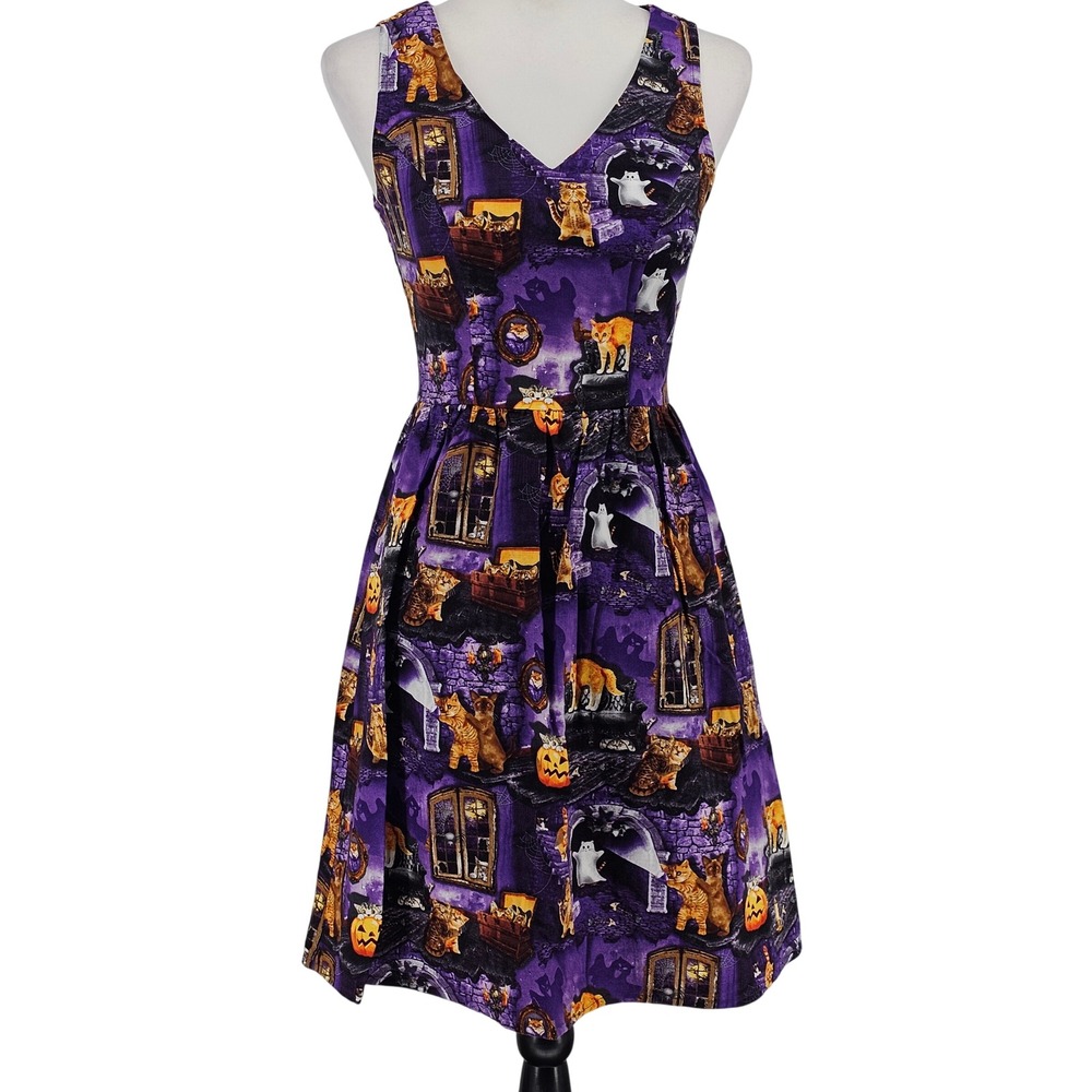 ModCloth Halloween Scaredy Cat Dress XS Purple AOP Spooky Retro Kitsch Ghost
